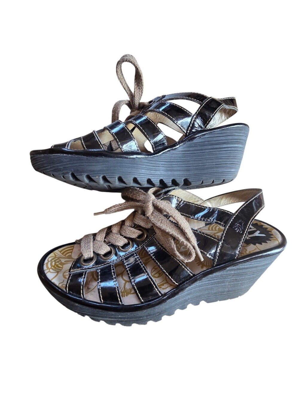 FLY London Yito Black Patent Lace-Up Platform Wedge Sandals Size 38